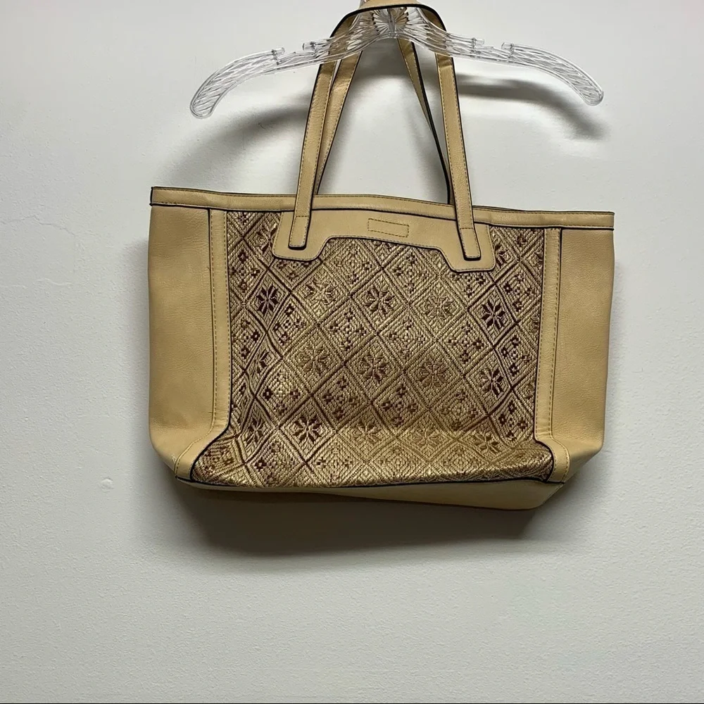 Tan Brown Bag | Large 2 Handle Geometric/ Floral Design | Purse Tote Bag